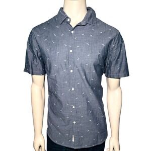 Denim & Flower Shirt Mens XL Blue Seagull Print Slim Fit Short Sleeve Excellent